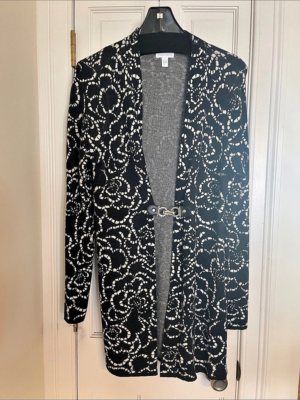 Charter Club Floral Clasp Cardigan in Black & White Size Large